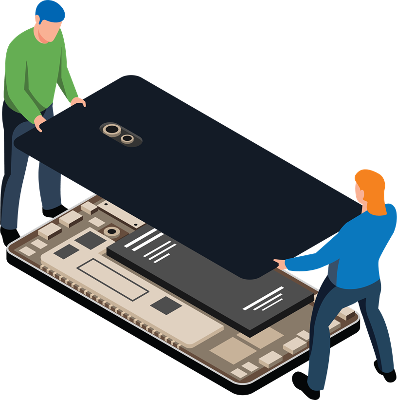 two animated people lift the back off a supersized smartphone