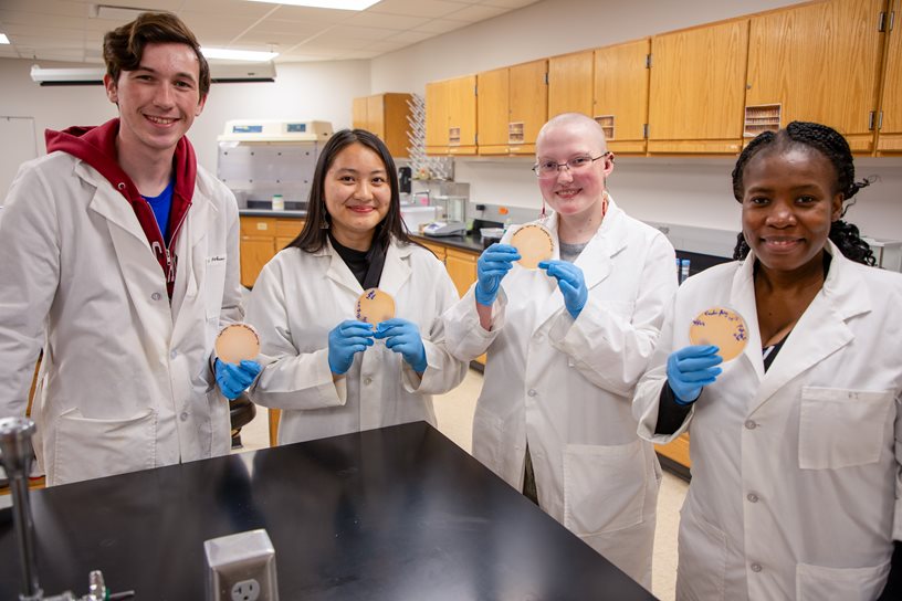 Sean Matthews and fellow students in a lab show Pitri dishes with the CapTrips virus