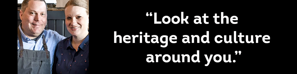 Colby and Megan Garrelts, midwestern chefs, with quote "Look at the heritage and culture around you"