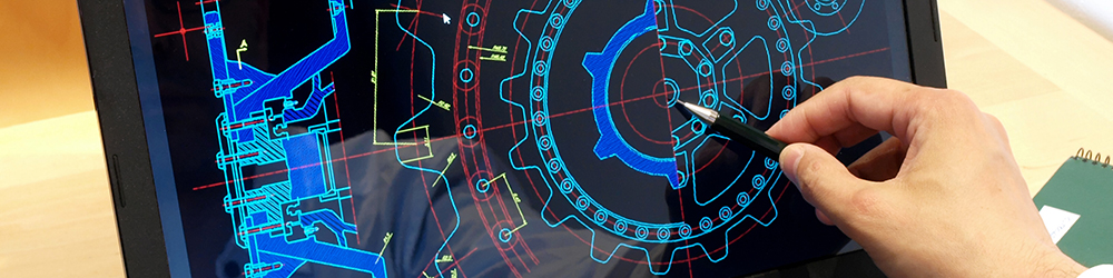 Colorful mechanical blueprint displayed on laptop screen
