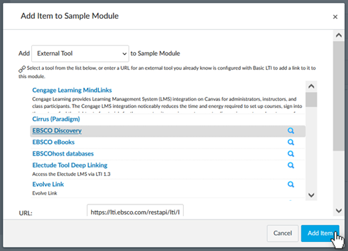 Add item dialog displaying a result's title heading next to the button. Navigate by heading and then press Tab or right arrow or navigate by button to reach this location