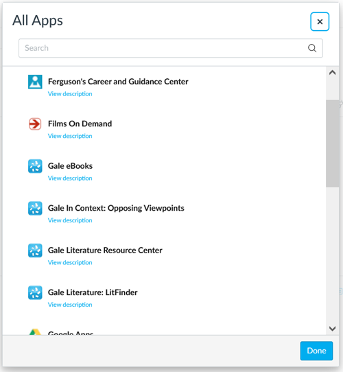 Results dialog containing the heading All Apps, as well as headings and links related to the search results