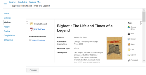Database record contains title, information, and links relevant to displayed material