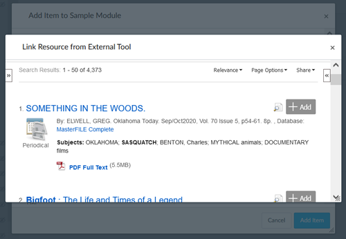 Results screen popup. Navigate by links or use the Links Llist dialog to see results.
