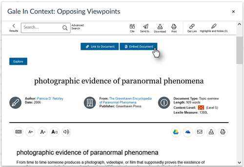 The embed button is located near the top of the page. Navigate by buttons to reach it