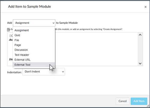 Dialog showing dropdown of items you can add to your course, including external tool