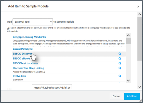 After selecting the external tool from the dropdown, a list of links will appear containing available items to add, such as EBSCO databases and and electude. Navigate by Unvisited Links to reach this location.