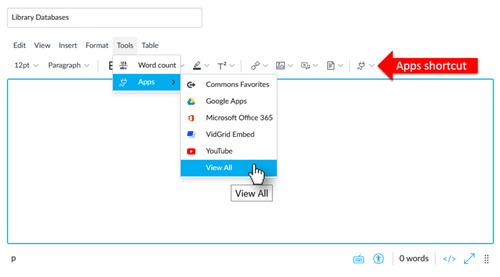 Dialog containing editing ribbon similar to Microsoft Word and a menu bar, in which Tools is located. View all is at the bottom of the tools menu, alternatively you can press V once in the menu