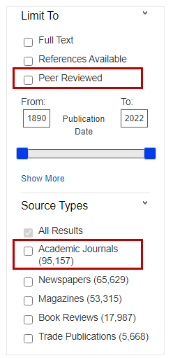 Peer reviewed and Academic Journal limiters in EBSCOhost
