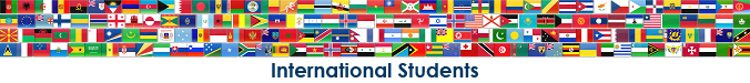 Banner displaying dozens of flags from different countries and the words international students at the bottom.