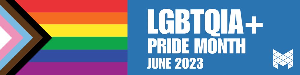 LGBTQIA+ 2023 banner rainbow colors with blue background with white lettering and white MCC logo; pride month takes place June 2023