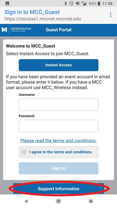 Guest Wireless Support Information Button