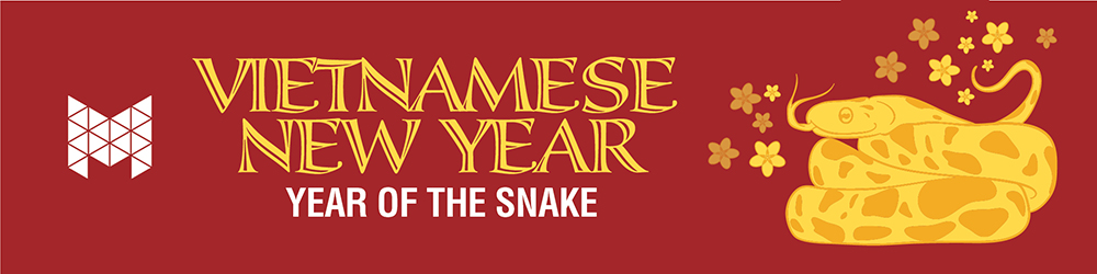 Vietnamese New Year of the Snake (Banner is red and yellow with a flowery orange & yellowsnake)